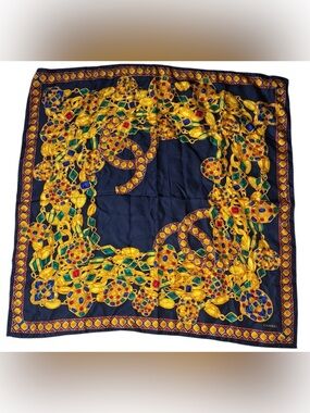 CHANEL Navy Blue Silk Scarf with Gold, Green and Red Jeweled Chain Motif